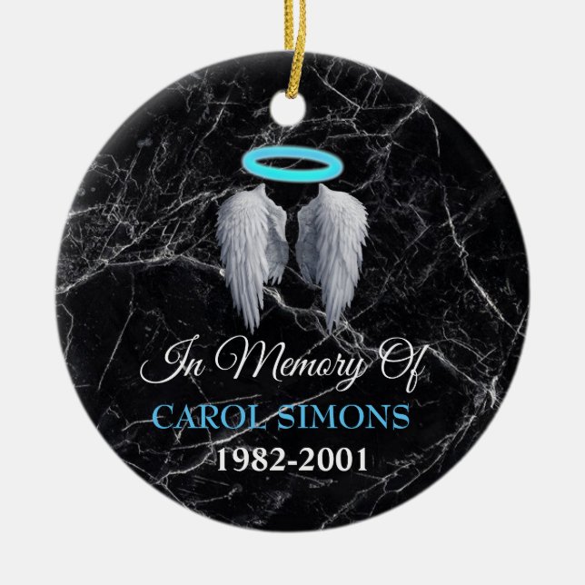 Marble Memorial Halo & Angel Wings Ceramic Tree Decoration (Front)