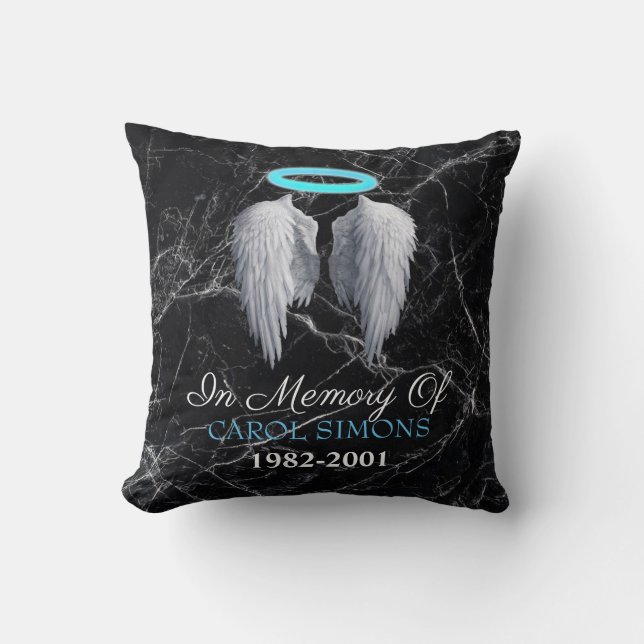 Marble Memorial Halo & Angel Wings Throw Pillow (Front)