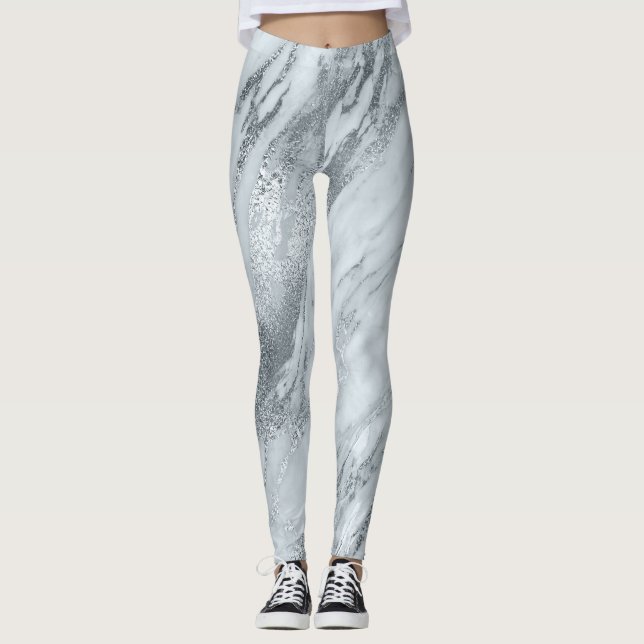Marble Minimal Abstract Silver Gray Blue Leggings (Front)