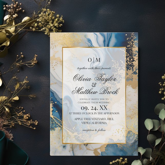 Marble Modern Blue and gold Wedding Invitation (Creator Uploaded)