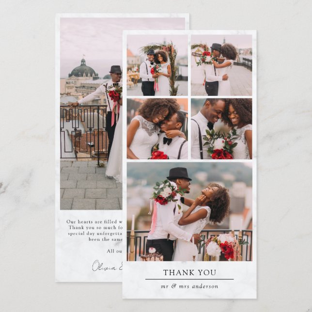 Marble Modern Multi Photo Collage Wedding Thank You Card (Front/Back)