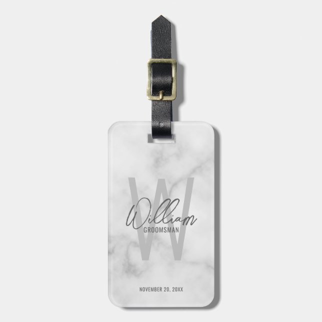 Marble Modern Script Personalised Groomsmen Luggage Tag (Front Vertical)