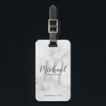 Marble Modern Script Personalised Groomsmen Luggage Tag<br><div class="desc">Add a personal touch to your wedding with personalised groomsmen luggage tag. This luggage tag features personalised groomsmen's name in grey modern script font style and monogram in light grey modern script font style as background with title and wedding date in grey modern sans serif font style on white marble...</div>