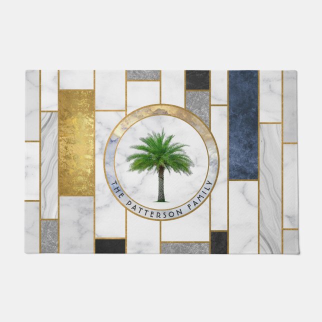 Marble Modern Tropical Palm Family Name Doormat (Front)