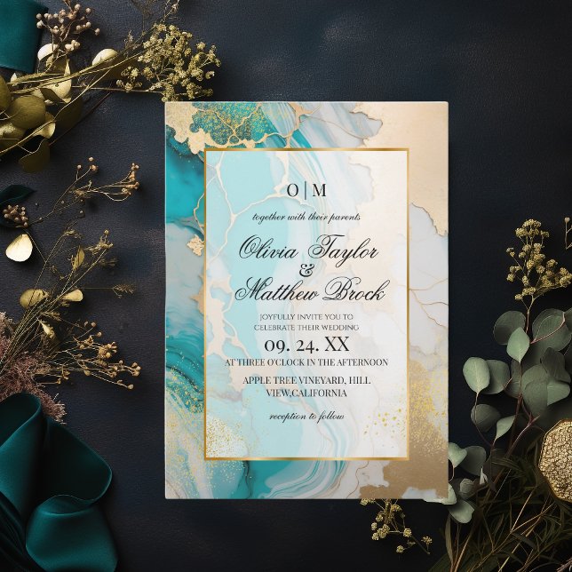 Marble Modern Turquoise and gold Wedding Invitation (Creator Uploaded)