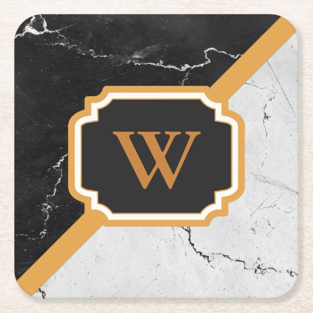 Marble Monogram Square Paper Coaster (Front)
