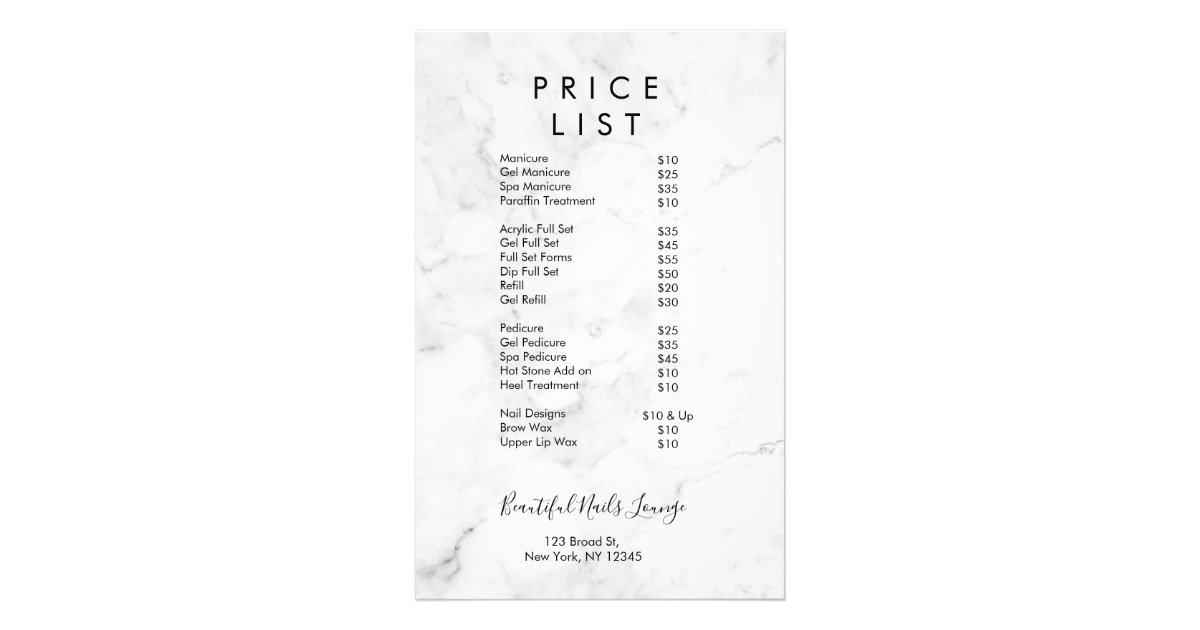 Marble Nail Salon Price List Menu | Zazzle