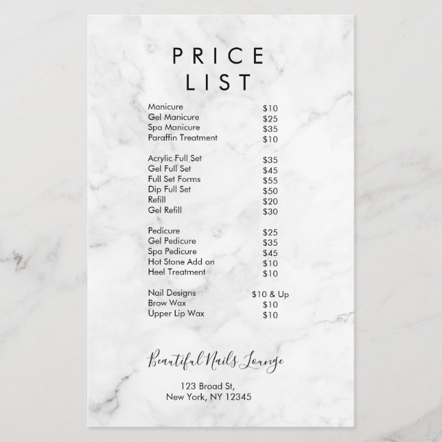 Marble Nail Salon Price List  Menu (Front)