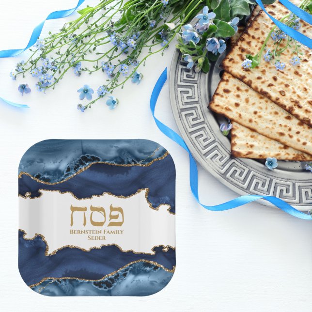 Marble Navy Blue and Gold Hebrew Pesach Sameach  Paper Plate (Creator Uploaded)