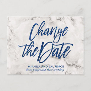 Marble Navy Blue glitter script change the date Announcement Postcard