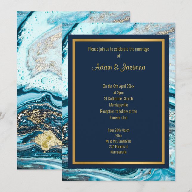 MARBLE NAVY GOLD LAYERED WEDDING INVITATION (Front/Back)