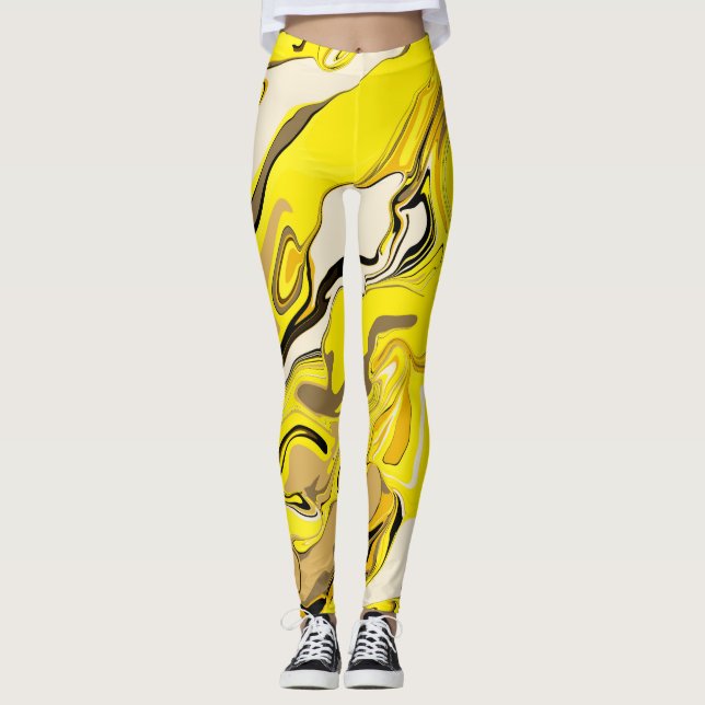 Marble pattern abstract yellow and white leggings. leggings (Front)