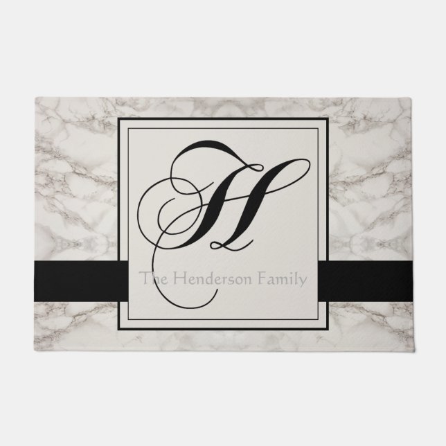 Marble Pattern Black Monogram H Add Name Elegant Doormat (Front)