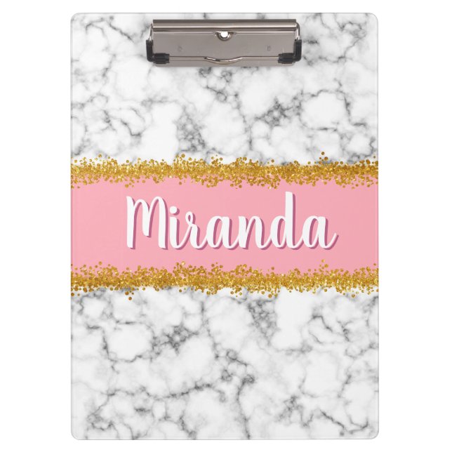 Marble Pattern on Pink with Gold Glitter Clipboard (Front)