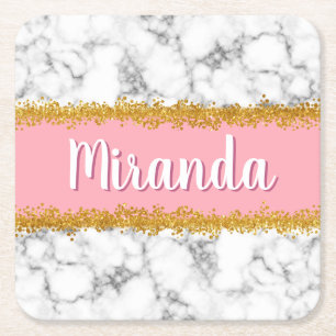 Marble Pattern on Pink with Gold Glitter Square Paper Coaster