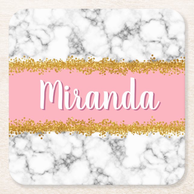 Marble Pattern on Pink with Gold Glitter Square Paper Coaster (Front)