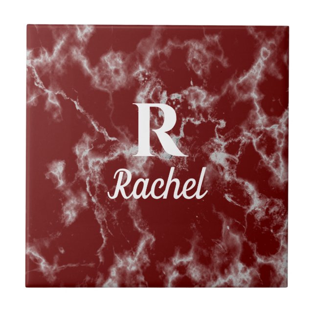 Marble Patterns Burgundy Red Monogram Initial Name Tile (Front)