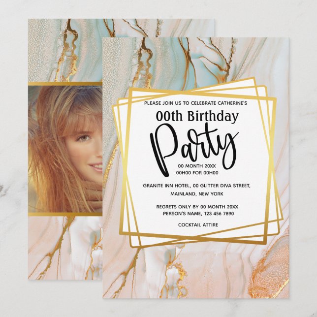 Marble peach gold granite geometric birthday party invitation (Front/Back)