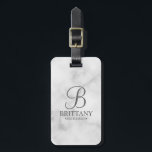Marble Personalised Bridesmaid's Name and Monogram Luggage Tag<br><div class="desc">Elegant Black and White Personalised Bridesmaid Gifts featuring personalised monogram in grey elegant script font style with bridesmaid's name and title in classic serif font style on white marble background. Also perfect for groomsmen, best man, father of the bride, maid of honour, flower girl, mother of the bride and more....</div>