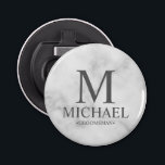 Marble Personalised Groomsman Name and Monogram Bottle Opener<br><div class="desc">Modern Black and White Personalised Groomsman Gifts featuring personalised monogram, groomsman's name and title in white classic serif font style on white marble background. Also perfect for Best Man, Father of the Bride and more. Please note: The marble details are simulated in the artwork. No actual marble will be used...</div>