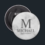 Marble Personalised Groomsman Name and Monogram Bottle Opener<br><div class="desc">Modern Black and White Personalised Groomsman Gifts featuring personalised monogram, groomsman's name and title in white classic serif font style on white marble background. Also perfect for Best Man, Father of the Bride and more. Please note: The marble details are simulated in the artwork. No actual marble will be used...</div>