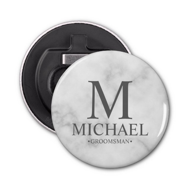 Marble Personalised Groomsman Name and Monogram Bottle Opener (Front)
