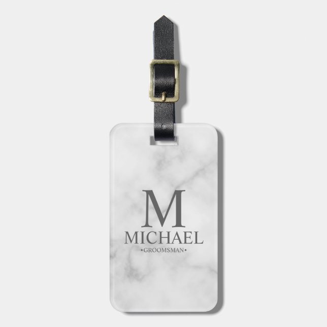 Marble Personalised Groomsman Name and Monogram Luggage Tag (Front Vertical)