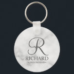 Marble Personalised Groomsman's Name and Monogram Key Ring<br><div class="desc">Elegant Black and White Personalised Groomsman Gifts featuring personalised monogram in grey elegant script font style with groomsman's name and title in classic serif font style on white marble background. Also perfect for best man, father of the bride, bridesmaid, maid of honour, flower girl, mother of the bride and more....</div>