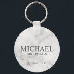 Marble Personalised Groomsman's Name and Monogram Key Ring<br><div class="desc">Modern Personalised Groomsman Gifts featuring personalised groomsman's name, title and wedding date in grey classic serif font style on white marble background. Also perfect for Best Man, Father of the Bride and more. Please note: The marble details are simulated in the artwork. No actual marble will be used in the...</div>