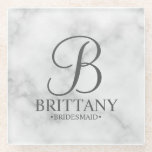 Marble Personalised Monogram and Name Bridesmaid Glass Coaster<br><div class="desc">Modern Personalised Bridesmaid Gifts
featuring personalised monogram in elegant script font style with bridesmaid's name and title in classic serif font style on white marble background.

Also perfect for maid of honour,  mother of the bride and more.</div>
