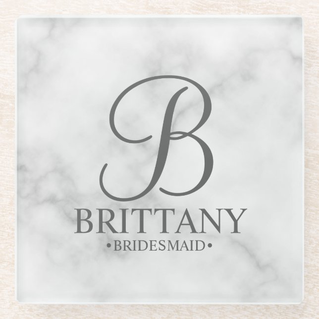 Marble Personalised Monogram and Name Bridesmaid Glass Coaster (Front)