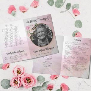 Marble Pink and Gold Floral Funeral Program Programme