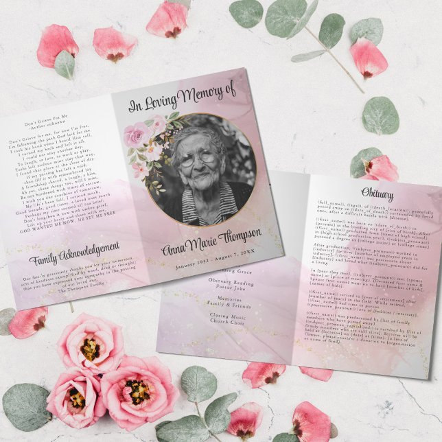 Marble Pink and Gold Floral Funeral Program Programme (Creator Uploaded)