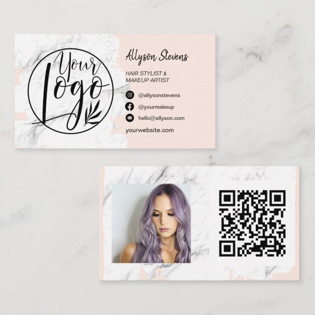 Marble pink brush hair makeup photo logo qr code business card (Front/Back)