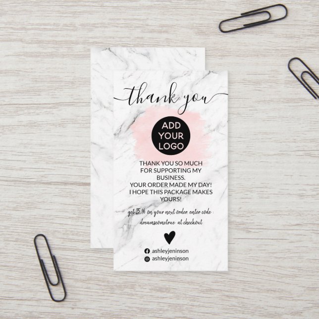 Marble pink brushstroke logo order thank you business card (Front/Back In Situ)