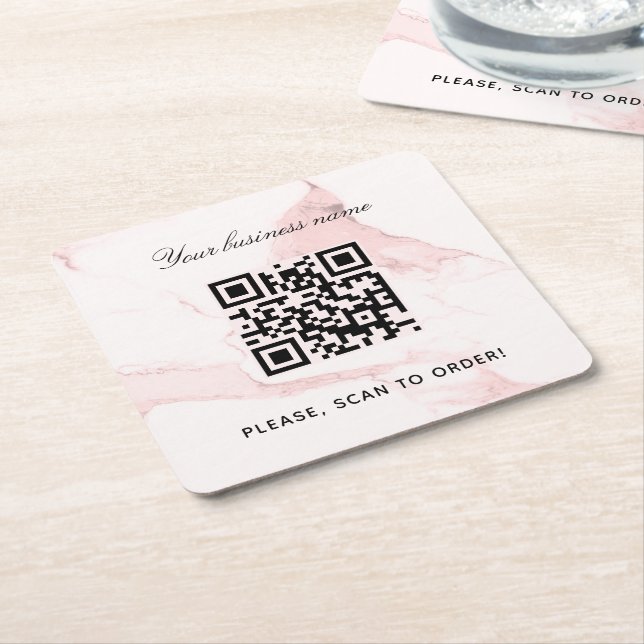 Marble pink business name qr code  square paper coaster (Angled)