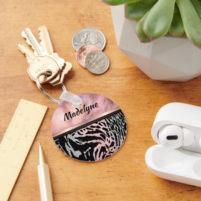 Marble Pink Chic Tiger Safari Print  Personalised Key Ring (Desk)