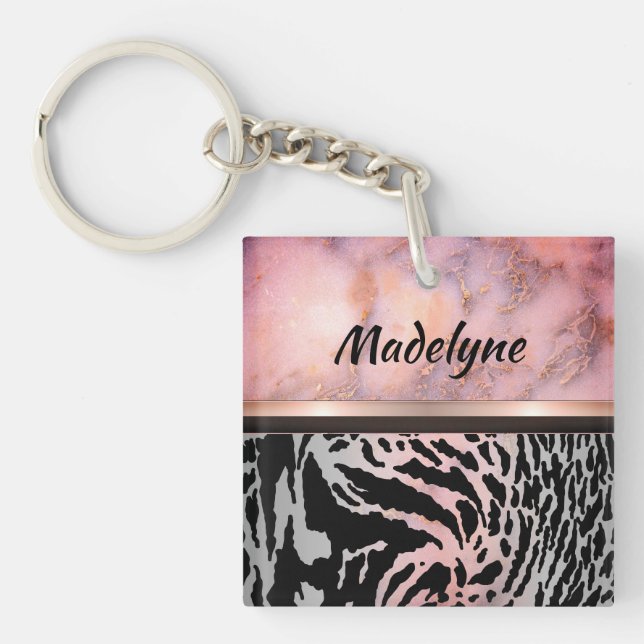 Marble Pink Chic Tiger Safari Print Personalised Key Ring (Front)