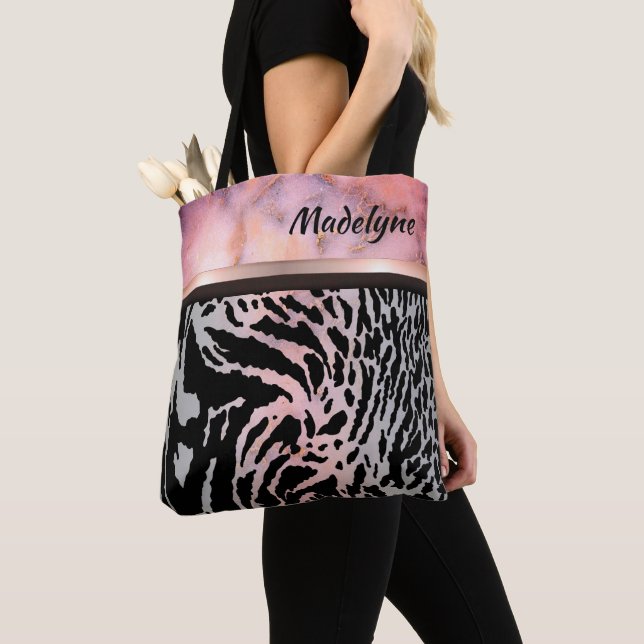 Marble Pink Chic Tiger Safari Print Tote Bag (Close Up)