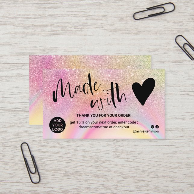 Marble pink glitter thank you made with love business card (Front/Back In Situ)