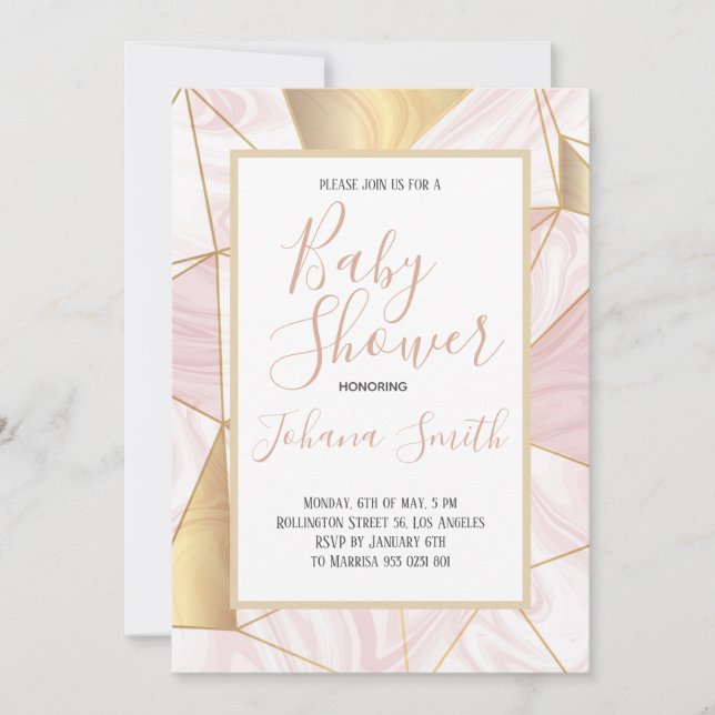 Marble Pink Gold White Girl Baby Shower Invitation (Front)