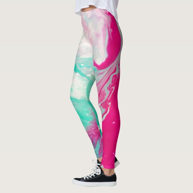 Marble Print Magenta Aqua Swirl Leggings (Left)