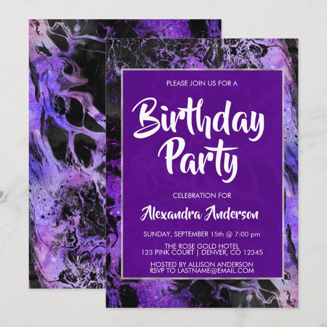 Marble Purple Space Galaxy with Stars Birthday Invitation (Front/Back)