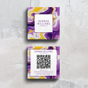 Marble Purple Yellow Agate QR Code Liquid Square Business Card