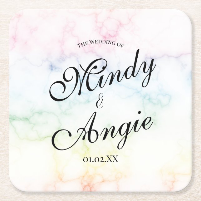 Marble Rainbow Gay Script Wedding Square Paper Coaster (Front)
