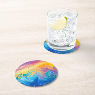 Marble Rainbow Pattern Round Paper Coaster