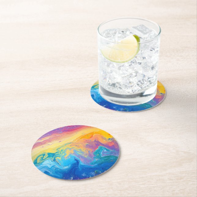 Marble Rainbow Pattern Round Paper Coaster (Insitu)