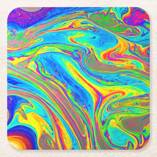 Marble Rainbow Swirls Bright and Beautiful Square Paper Coaster (Front)
