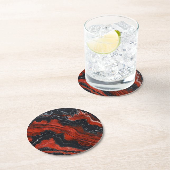 Marble Red Black Pattern Round Paper Coaster (Insitu)