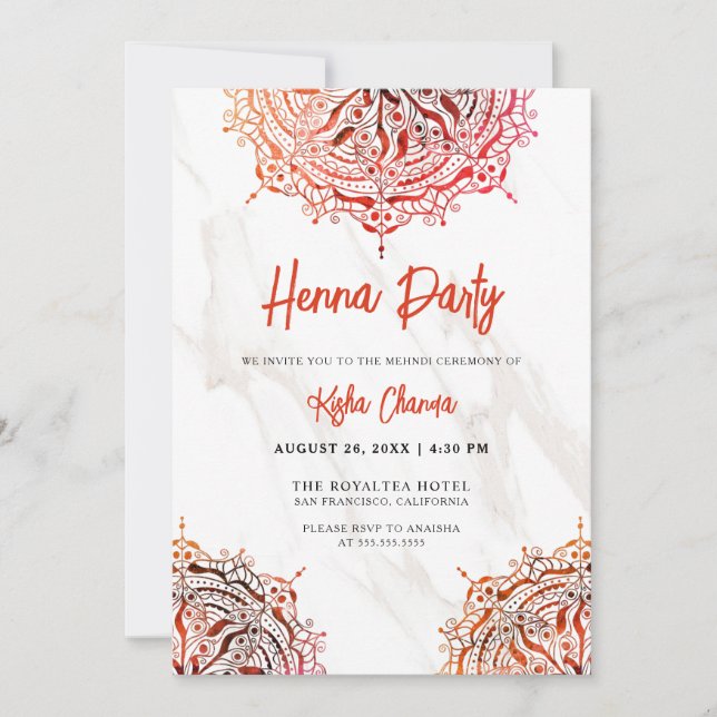 Marble Red Mandala Mehndi Henna Party Invitation (Front)